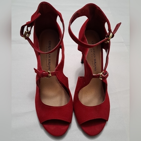 Christian Seriano Red Double Buckle Open Toe Heels - Picture 2 of 10